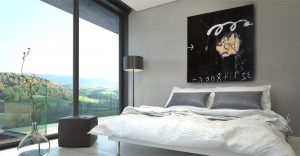 Tesla painting by Ben Kikuyama hanging in bedroom above bed